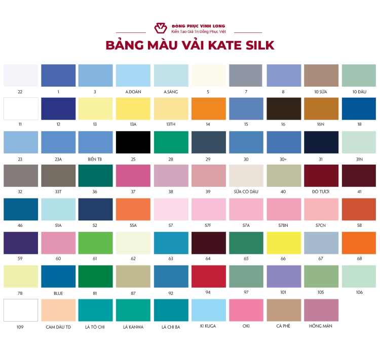 bảng màu vải kate silk đồng phục